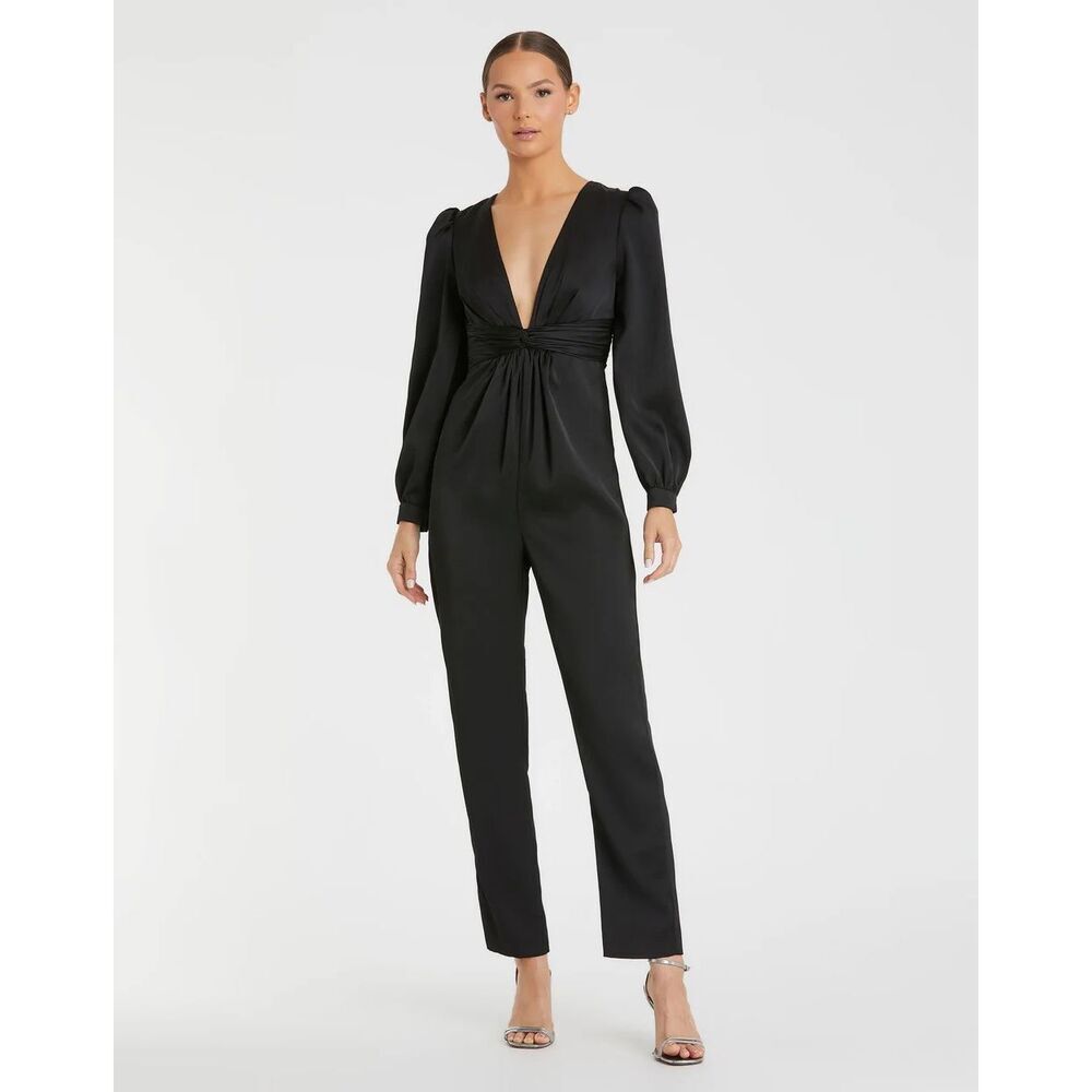 Mac Duggal Black Satin Plunge Jumpsuit